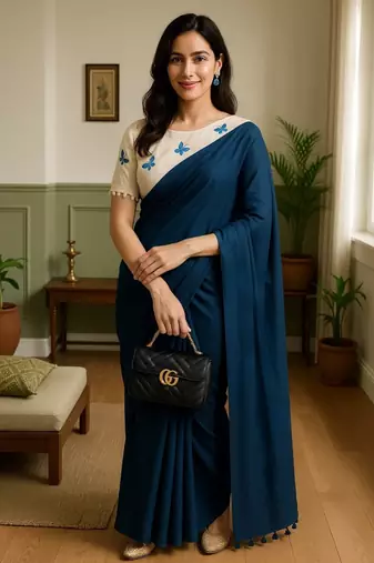 Morpich khadi cotton plain saree with stiched blouse