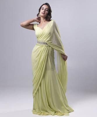 Green georgette plain saree with embroidered blouse & belt 4