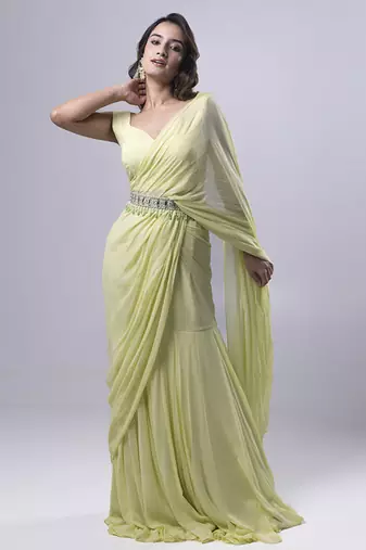 Green georgette plain saree with embroidered blouse & belt