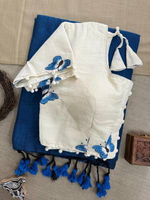 Morpich khadi cotton plain saree with stiched blouse 2