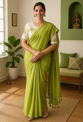 Perrot khadi cotton plain saree with stiched blouse 1