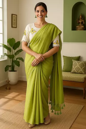 Perrot khadi cotton plain saree with stiched blouse