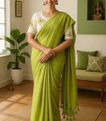 Perrot khadi cotton plain saree with stiched blouse