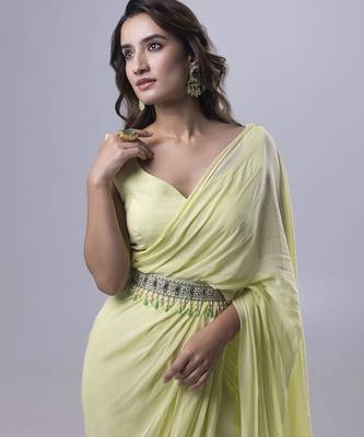 Green georgette plain saree with embroidered blouse & belt 5