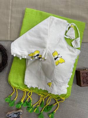 Perrot khadi cotton plain saree with stiched blouse 2