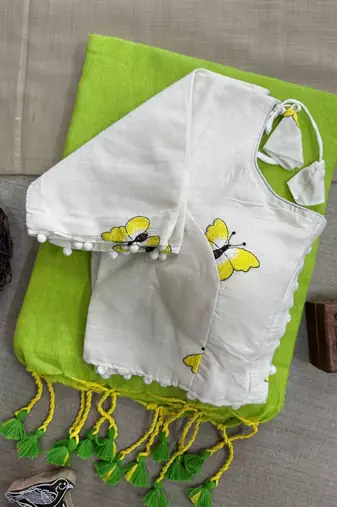 Perrot khadi cotton plain saree with stiched blouse