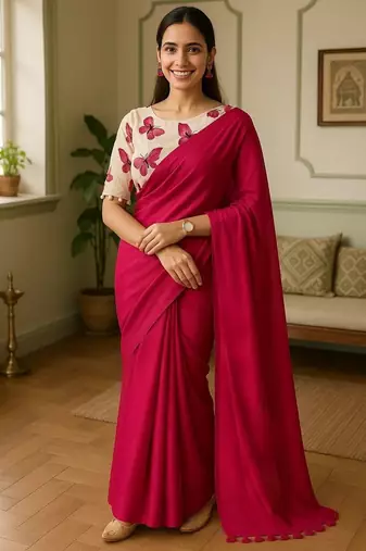 Pink khadi cotton plain saree with stiched blouse