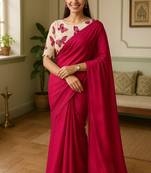 Pink khadi cotton plain saree with stiched blouse