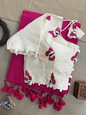 Pink khadi cotton plain saree with stiched blouse 2