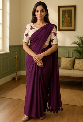 Purple khadi cotton plain saree with stiched blouse 1
