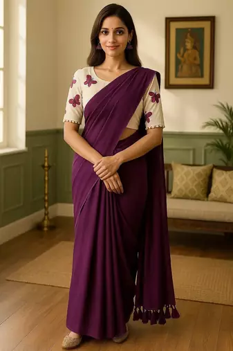 Purple khadi cotton plain saree with stiched blouse