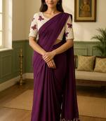 Purple khadi cotton plain saree with stiched blouse