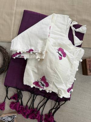 Purple khadi cotton plain saree with stiched blouse 2