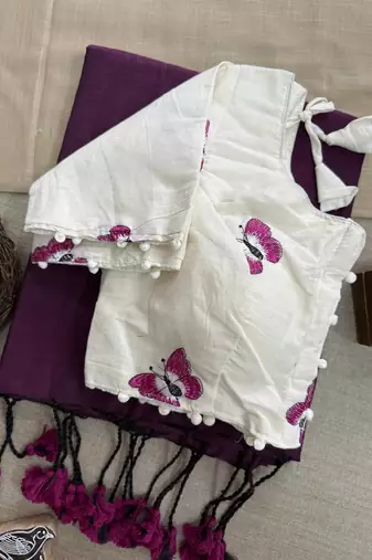 Purple khadi cotton plain saree with stiched blouse