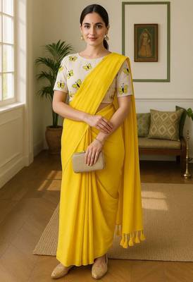 Yellow khadi cotton plain saree with stiched blouse 1