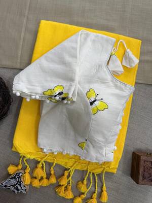 Yellow khadi cotton plain saree with stiched blouse 2
