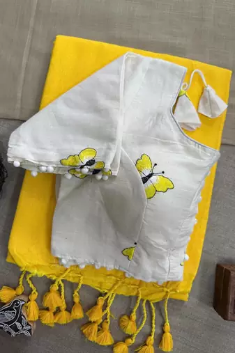 Yellow khadi cotton plain saree with stiched blouse