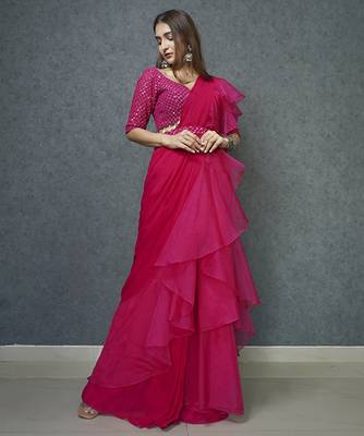 Pink organza plain saree with embroidered blouse & belt 1