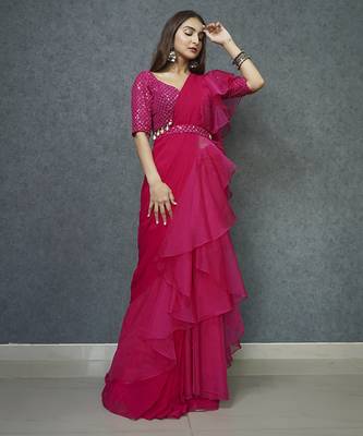 Pink organza plain saree with embroidered blouse & belt 2