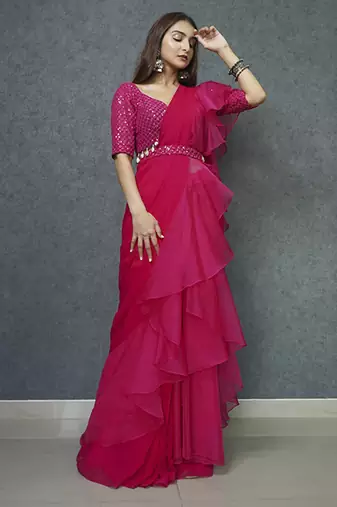 Pink organza plain saree with embroidered blouse & belt