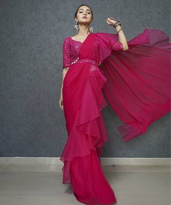 Pink organza plain saree with embroidered blouse & belt 3