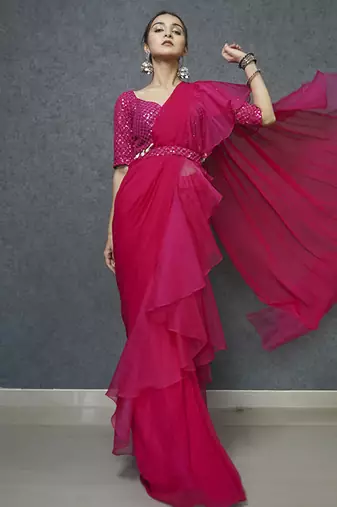Pink organza plain saree with embroidered blouse & belt