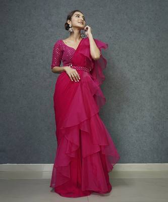 Pink organza plain saree with embroidered blouse & belt 4