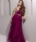 Wine organza plain saree with embroidered blouse & belt