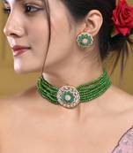 Green beaded floral necklace & earring set for women