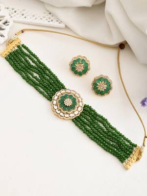 Green beaded floral necklace & earring set for women 2