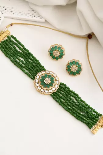 Green beaded floral necklace & earring set for women