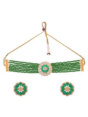 Green beaded floral necklace & earring set for women 3