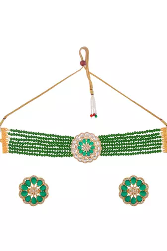 Green beaded floral necklace & earring set for women