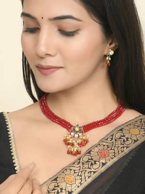 Red beaded necklace & earrings set for women 1
