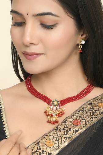 Red beaded necklace & earrings set for women