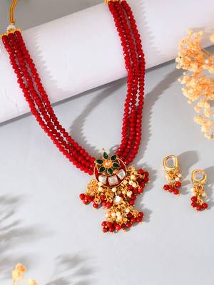 Red beaded necklace & earrings set for women 2