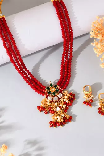Red beaded necklace & earrings set for women