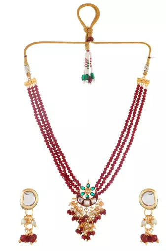 Red beaded necklace & earrings set for women