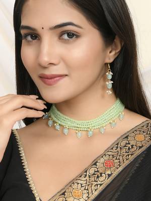 Mint green beaded gold necklace & earrings set for women 1