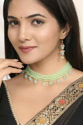 Mint green beaded gold necklace & earrings set for women