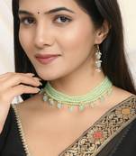 Mint green beaded gold necklace & earrings set for women