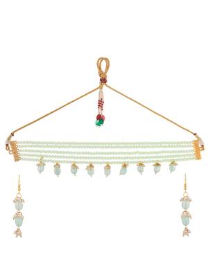 Mint green beaded gold necklace & earrings set for women 2