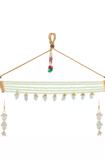 Mint green beaded gold necklace & earrings set for women