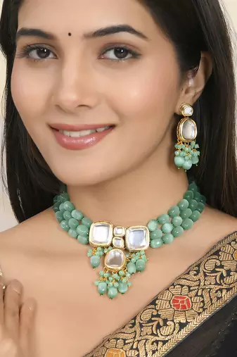 Green beaded gold necklace & earrings set for women