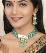 Green beaded gold necklace & earrings set for women