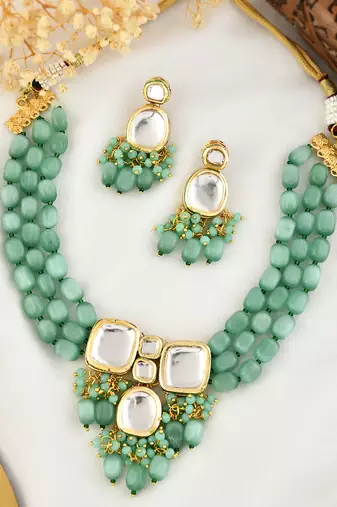 Green beaded gold necklace & earrings set for women