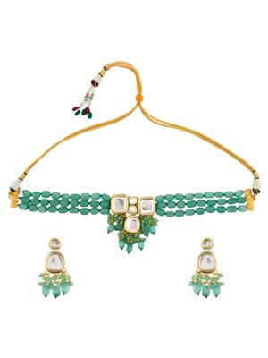 Green beaded gold necklace & earrings set for women 3