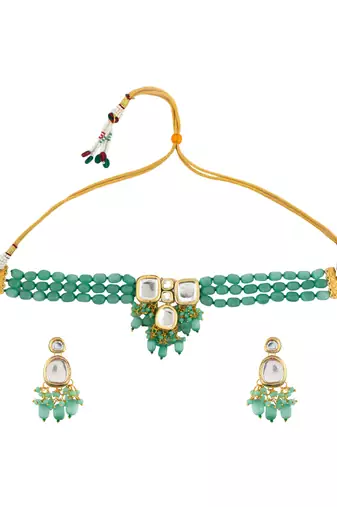 Green beaded gold necklace & earrings set for women