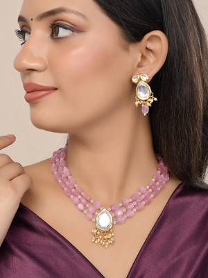 Pink beaded mirror pendant necklace & earrings set 1