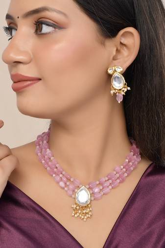 Pink beaded mirror pendant necklace & earrings set